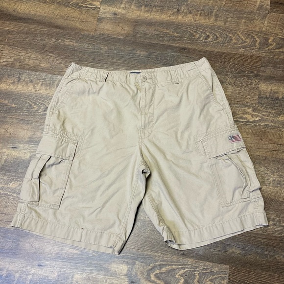 VTG 90s Y2K Ralph Lauren Polo Jeans Co Tan Cargo Shorts Men's 38 Baggy USA Flag - Picture 1 of 10